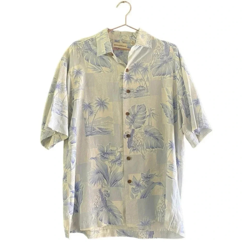 Caribbean Men's pure silk White Short Sleeve Button Down Tropical Shirt Size M